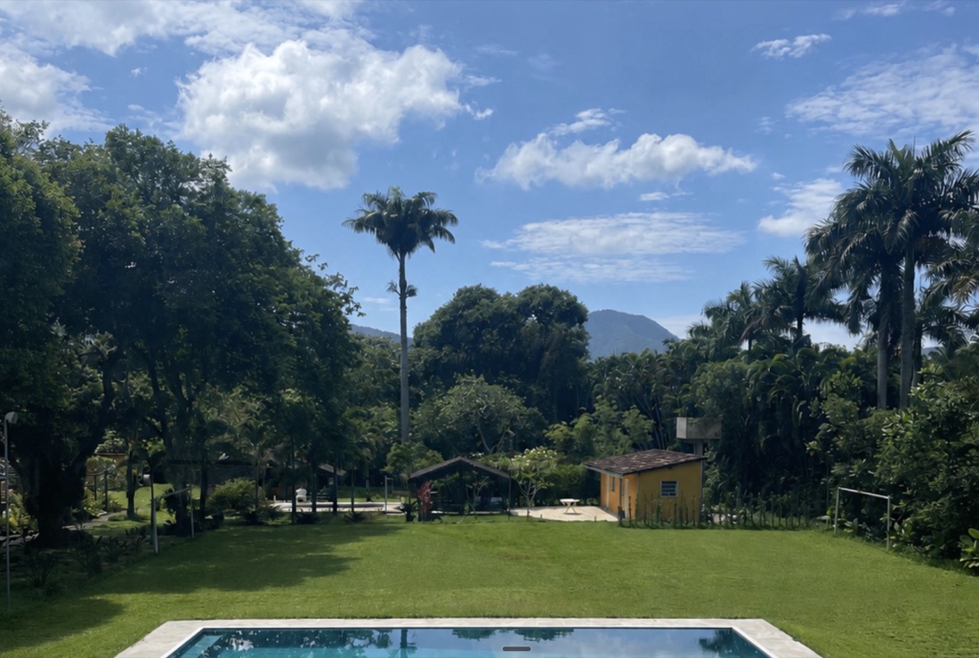 Gramado aberto com mata e montanha ao fundo